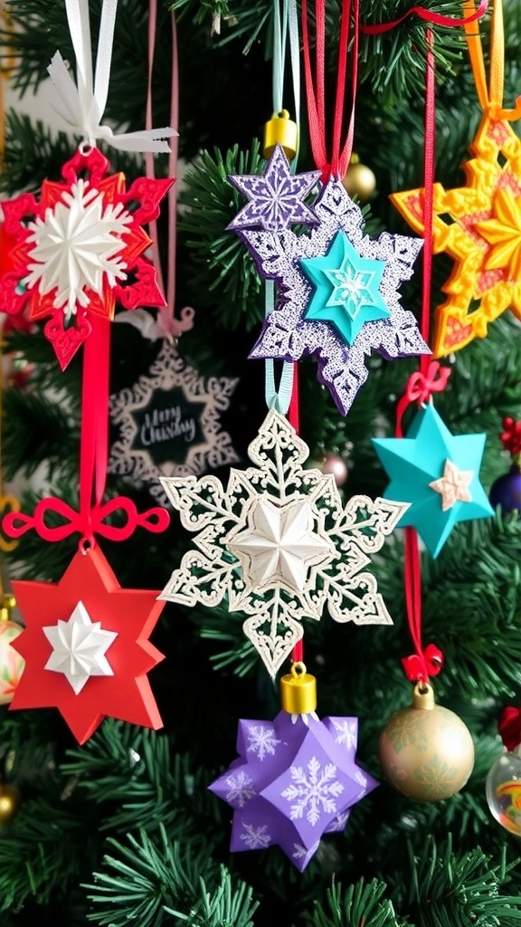 Colorful 3D paper Christmas ornaments in various shapes hanging from a tree.